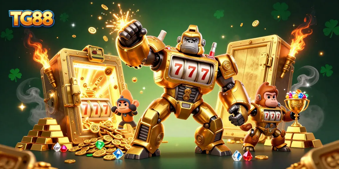 Experience thrilling slots at TG88 with the golden gorilla mech surrounded by treasures.