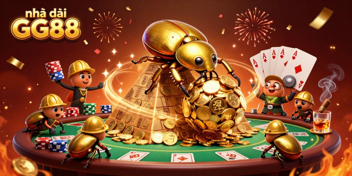 Experience the excitement of Nhà cái GG88 with vibrant 3D illustrations of casino elements and a golden beetle theme.