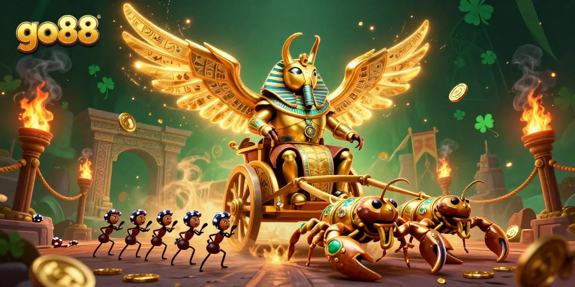 Experience thrilling gameplay at go88 with a stunning 3D illustration of a colossal scarab beetle and scorpions.