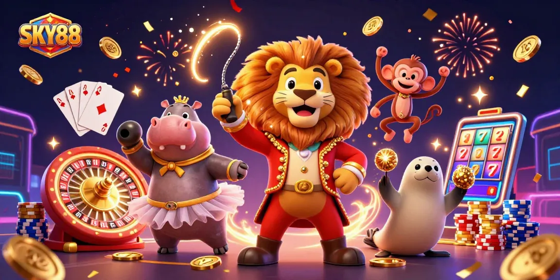 Engage in exciting gaming action with SKY88 featuring vibrant characters and casino elements.