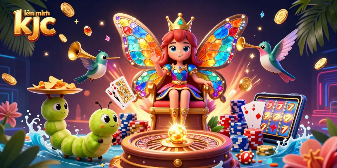 Experience the vibrant world of liên minh kjc with a captivating casino-themed illustration, featuring a magical butterfly queen and gambling elements.