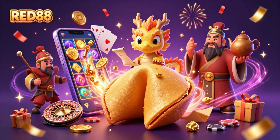 Experience the excitement of RED88 in this dynamic casino scene featuring dragons and golden fortune cookies.