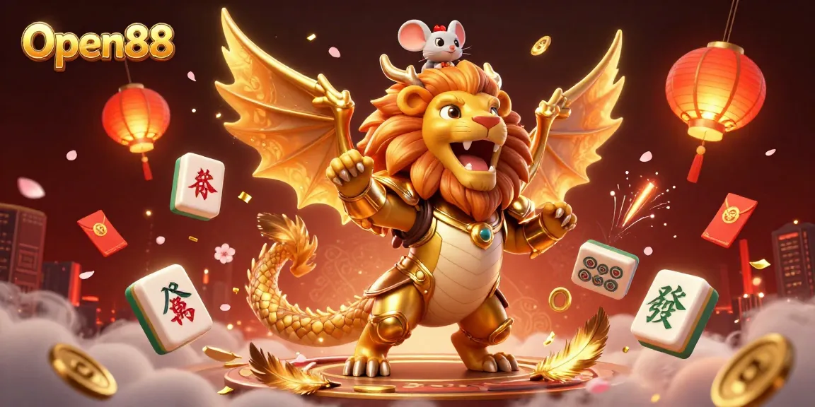 Experience the thrilling world of Open88, where a triumphant chimera and mouse jockey celebrate with gold and festive decorations.