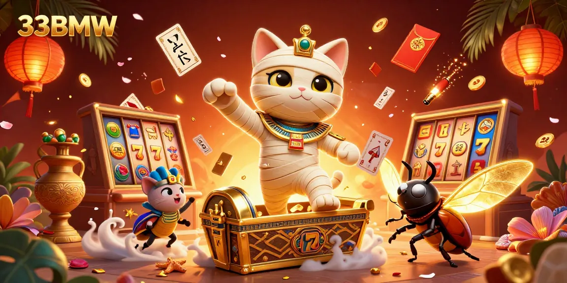 Experience thrilling gaming with 33BMW as an Egyptian mummy cat bursts from a golden sarcophagus.