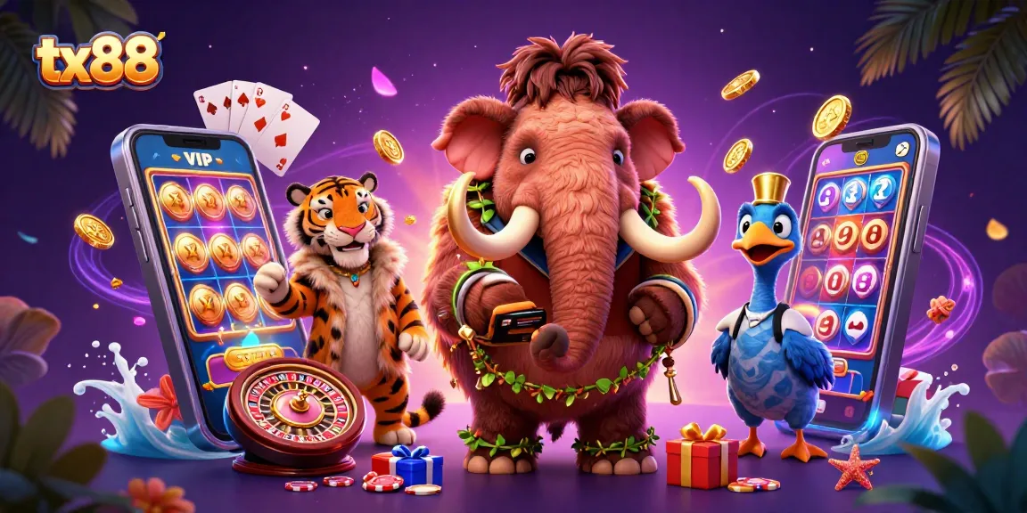 Experience the excitement of tx88 with a vibrant scene featuring casino characters and games.
