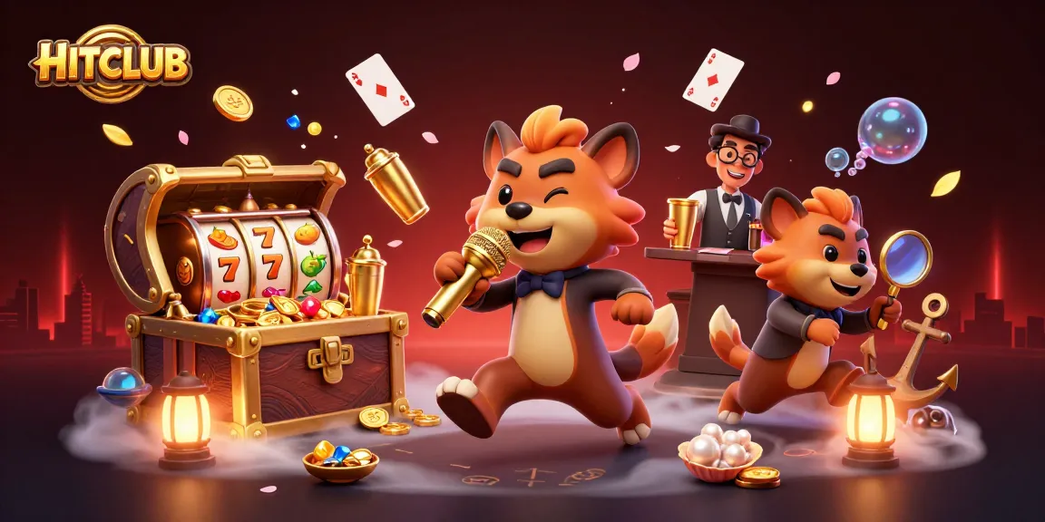 HitClub's vibrant casino scene with hyena characters engaging in gambling activities and surrounded by exciting game elements.
