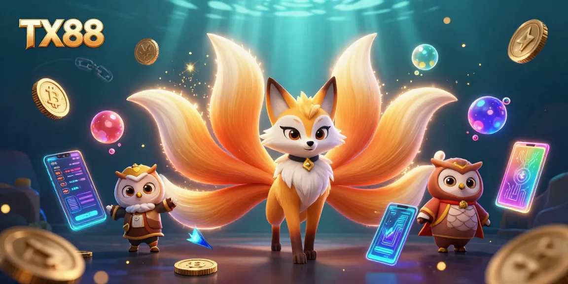 Experience the vibrant TX88 universe with a cosmic nine-tailed fox and wise owl amid glowing cryptos and casino magic.