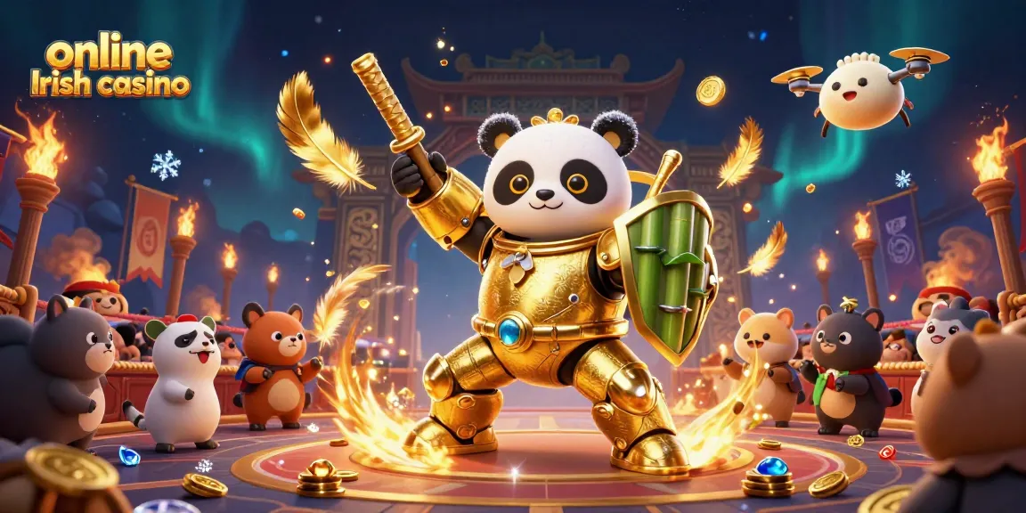 Experience the excitement of an online Irish casino with a dynamic 3D illustration featuring a golden panda battling in a vibrant arena.