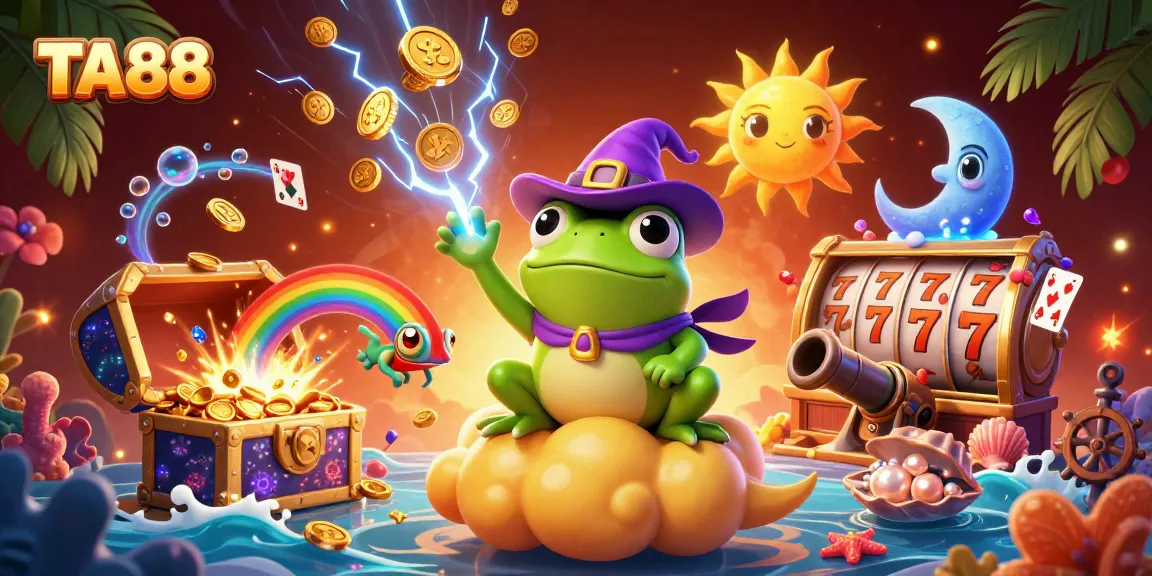 Play exciting casino slots with TA88, featuring dynamic golden coins and vibrant characters.