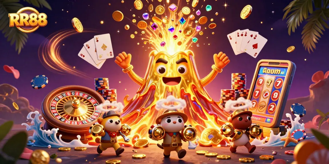 Experience thrilling wins at RR88 with a vibrant 3D casino scene showcasing coins, gems, and excitement.