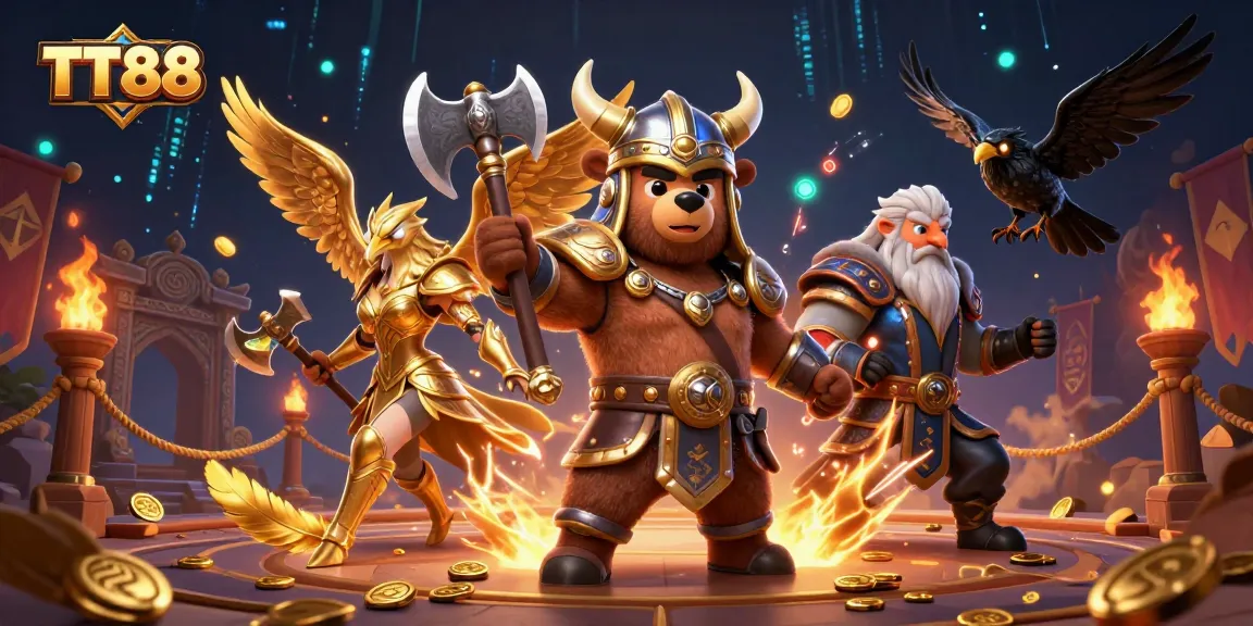 Engage in thrilling gameplay with TT88 as a bear and Valkyrie excel in a casino arena.