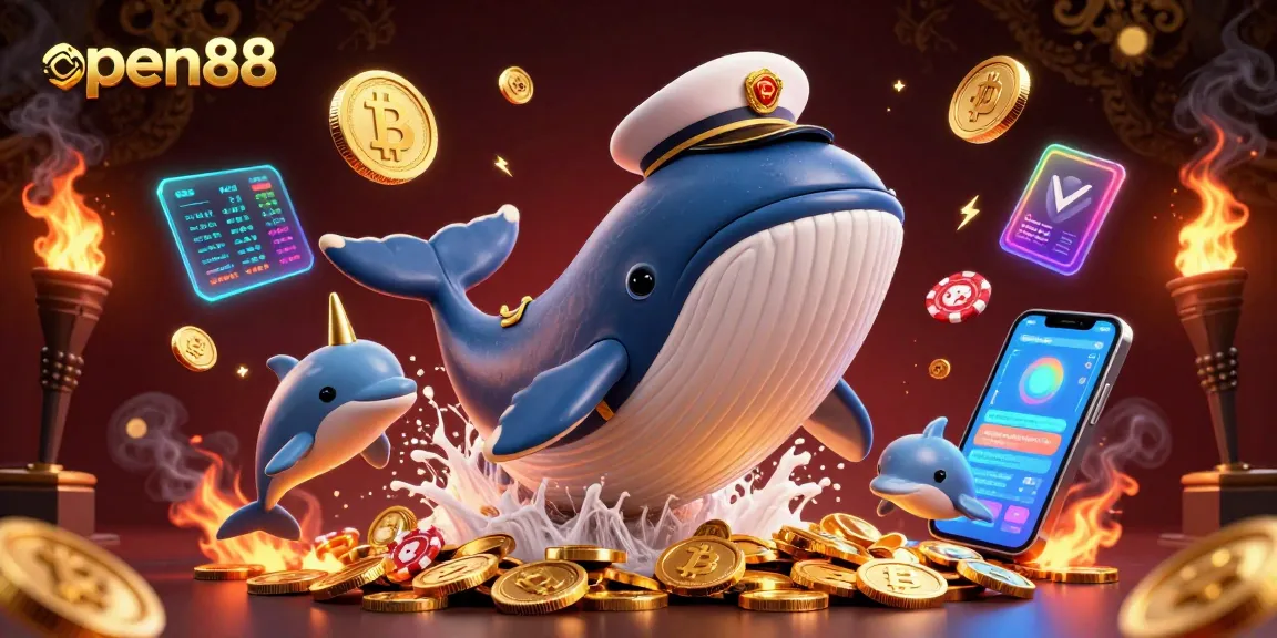 Engage with open88 and win as a gigantic whale celebrates amidst coins and playful casino-themed elements.