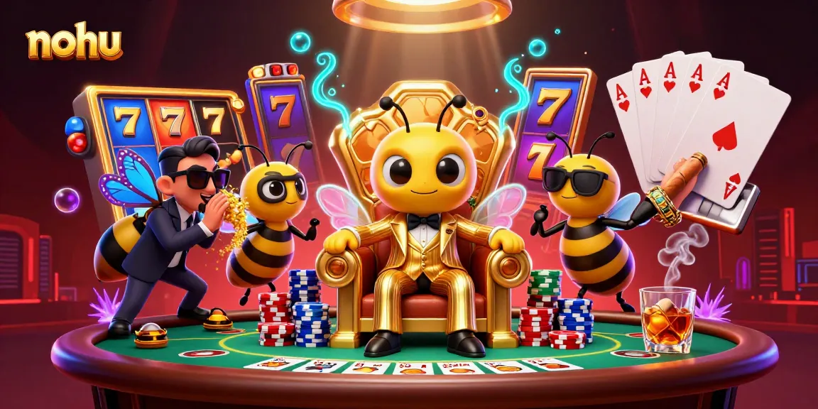 Nohu slots come alive with a buzzing bumblebee mob boss and dynamic jackpot excitement in this vibrant casino scene.