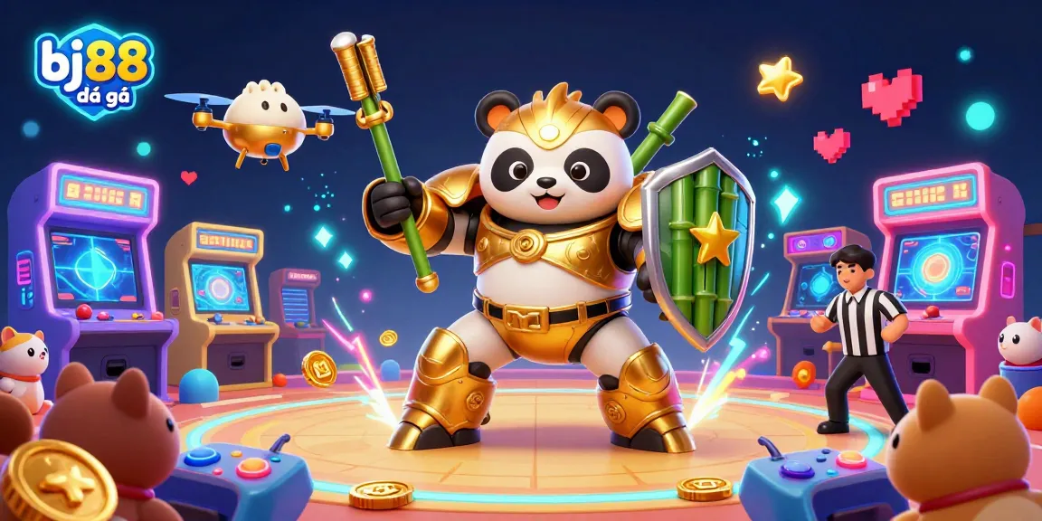 A dynamic scene of bj88 đá gà featuring a golden panda in a mech-suit piloting a fighting robot amidst cheering spectators in a colorful arena.