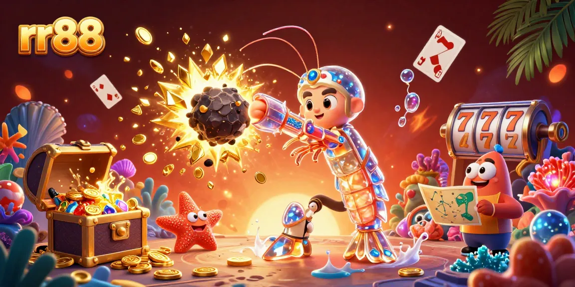 Experience big wins at rr88 with a vibrant 3D casino scene featuring colorful gems and animated characters.