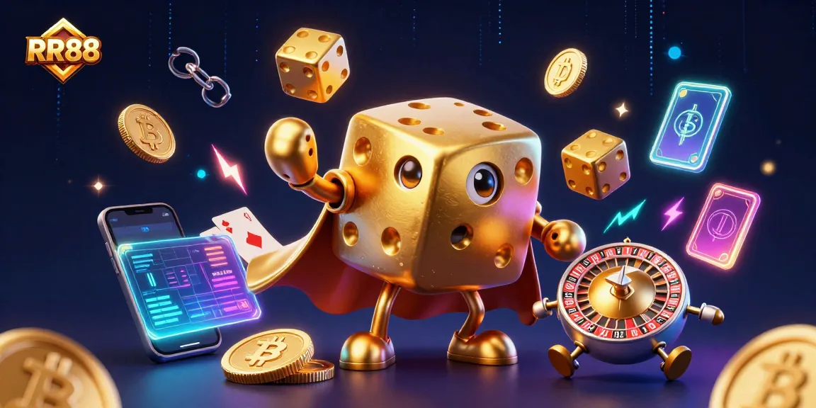 Experience thrilling gameplay at RR88 with dynamic golden dice characters amidst cryptocurrency elements.