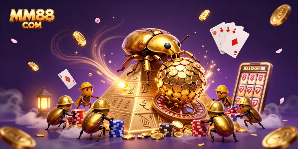 Experience the magical world of MM88 COM with a golden dung beetle adventure in a casino atmosphere.