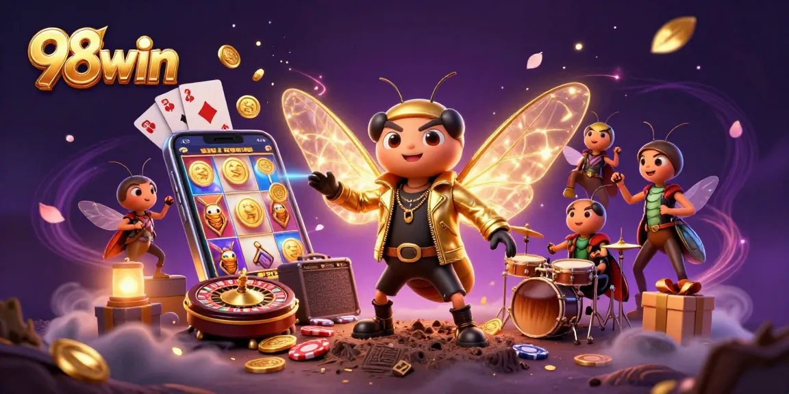 Join the excitement at 98win with a vibrant scene of a cicada rock star and gaming elements.