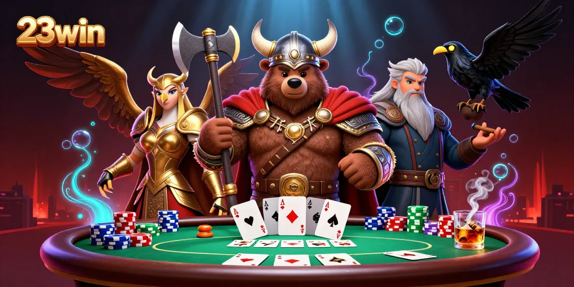 Engage in thrilling poker battles with 23win in a vibrant 3D casino setting, featuring dynamic characters and rich gaming elements.