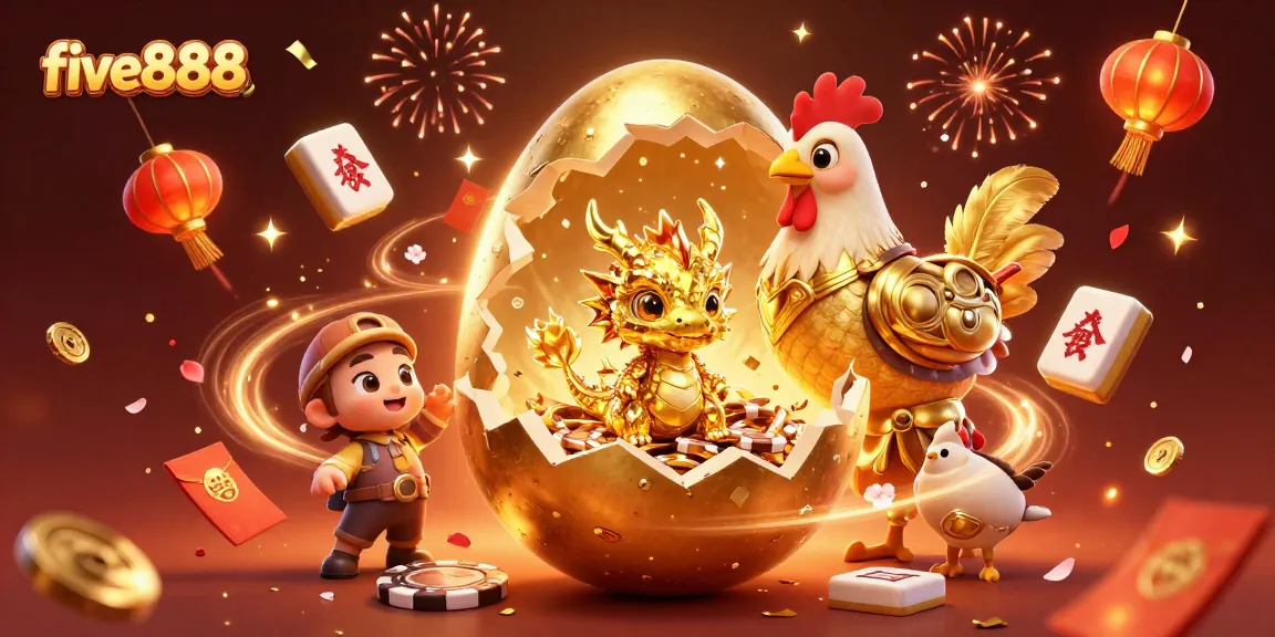 Join the excitement at five888 with a stunning scene of a golden dragon and poker chips in this multi-element casino illustration.