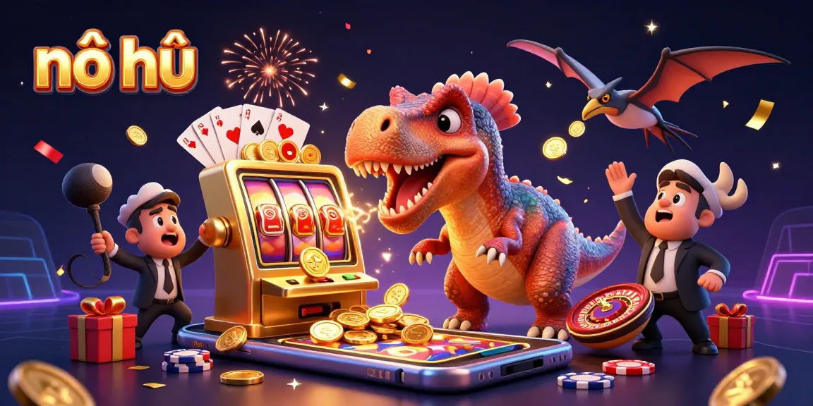Hit the jackpot with nổ hũ as a pachycephalosaurus interacts with a slot machine.