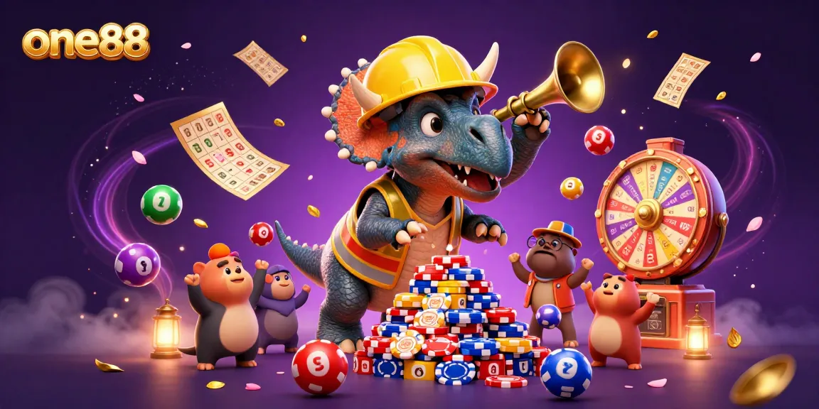 one88 brings excitement with a triceratops building poker chip towers amidst colorful lottery elements in a vibrant casino scene