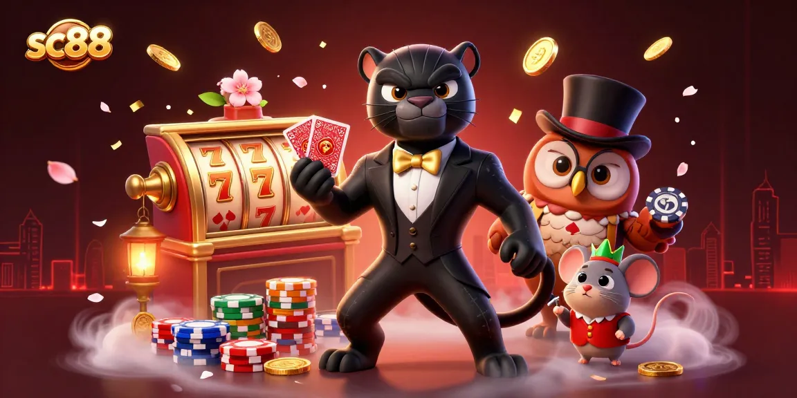 sc88 features stylish panther dealing cards with engaging slot game elements in a vivid casino scene.