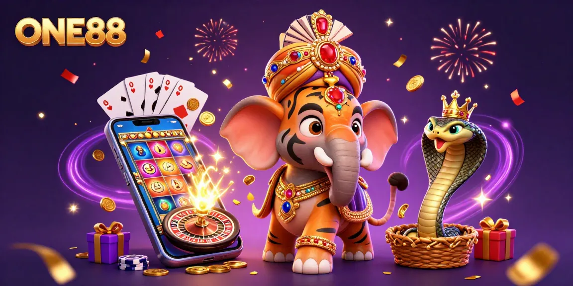 Engage with ONE88's vibrant 3D celebration scene featuring a maharaja tiger, jewel elephant, and exciting casino elements.