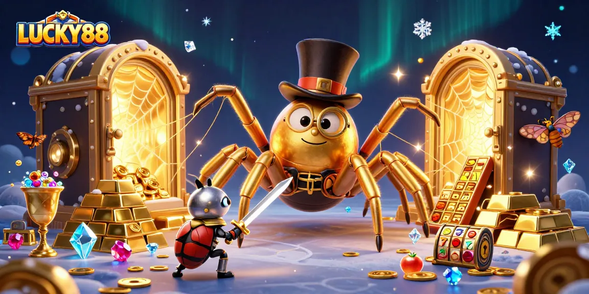 LUCKY88 showcases a golden tarantula amidst a casino scene filled with treasures and excitement.