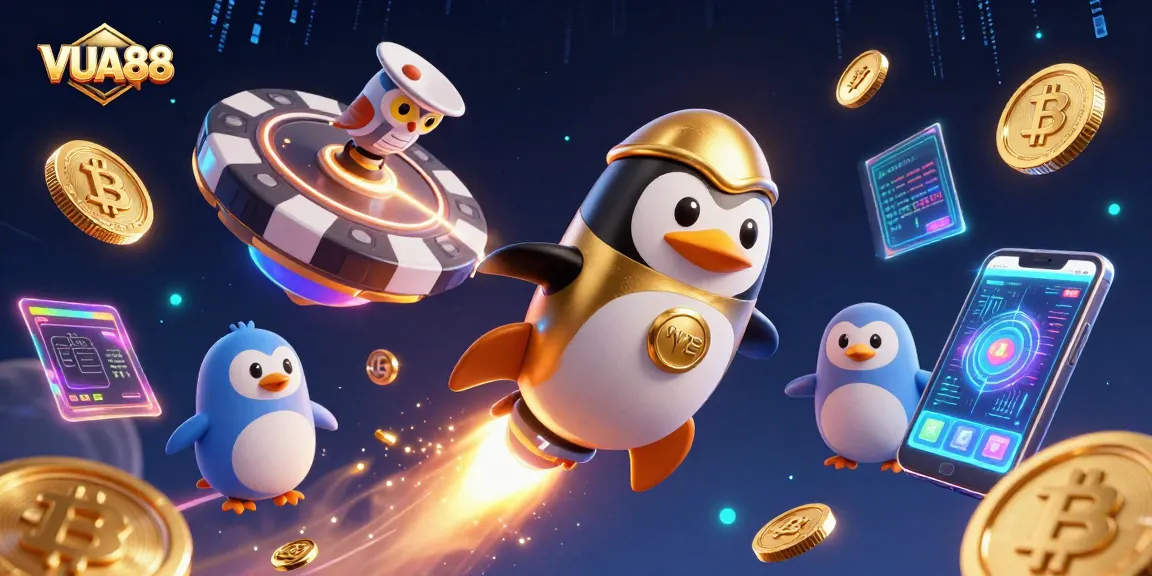 VUA88 rocket-powered penguin propels through cosmic casino space, surrounded by glowing crypto coins.