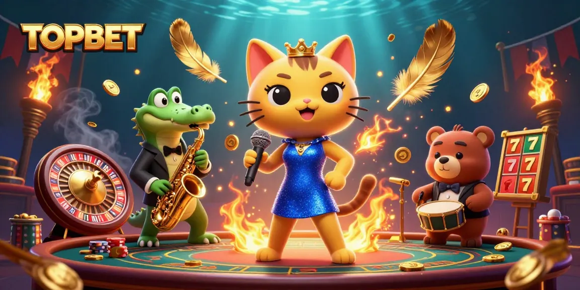 TOPBET showcases a lively casino scene with a singing cat, a saxophone crocodile, and a drum bear for epic entertainment.