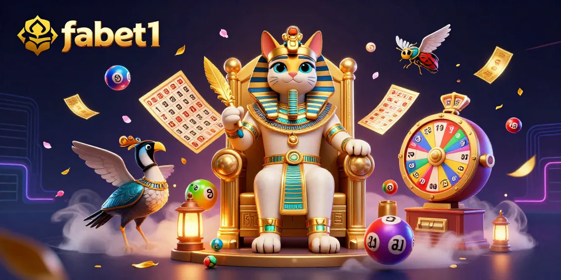 Spin and win with fabet1's vibrant casino fun featuring a pharaoh cat and lottery elements.