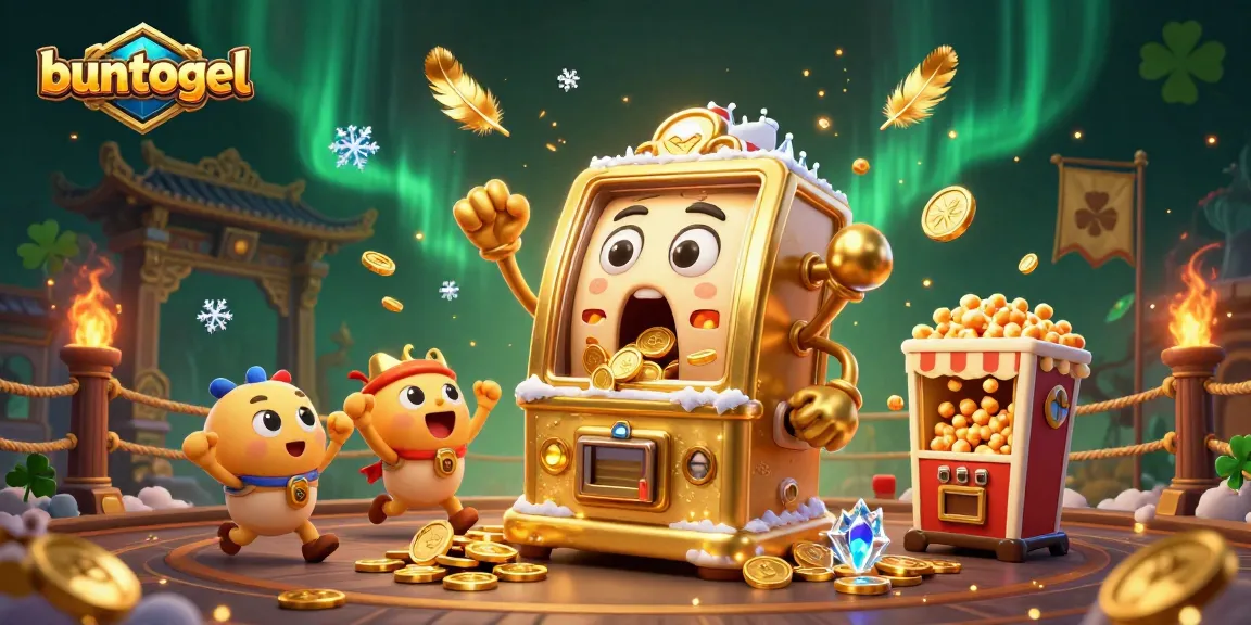 Experience the excitement of buntogel with a joyous golden slot machine celebrating a jackpot amidst a vibrant casino scene.