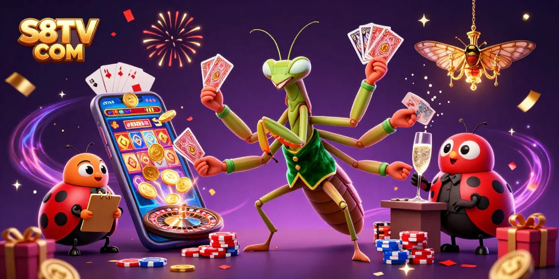 S8TV COM offers a lively gambling scene with vibrant characters and casino elements depicting an exciting betting experience.