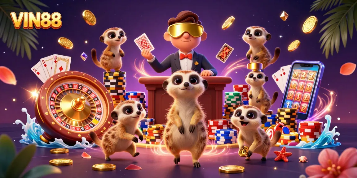 Experience thrilling gameplay and winning moments at VIN88's vibrant casino, featuring meerkats and exciting games.