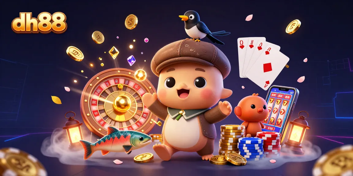 dh88 features a playful Nessie with a magpie and salmon, surrounded by casino elements and sparkling coins.