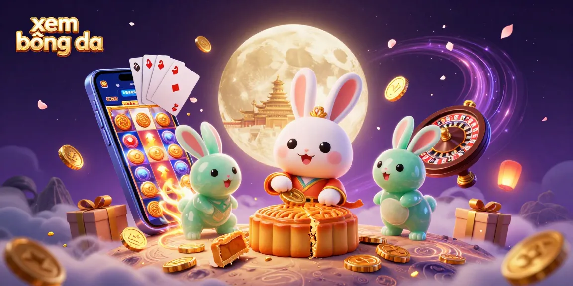 Xem bóng đá in vibrant 3D art featuring a moon rabbit and casino elements, showcasing poker chips and gaming symbols.