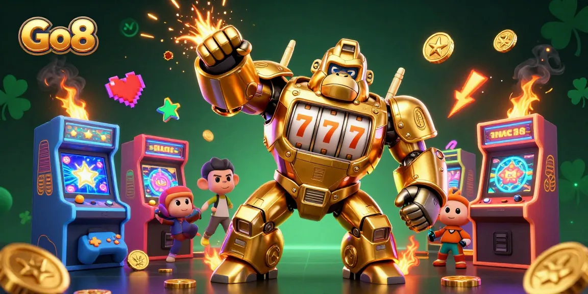 Experience Go8's thrilling casino gaming with a golden gorilla mech and vibrant arcade elements.