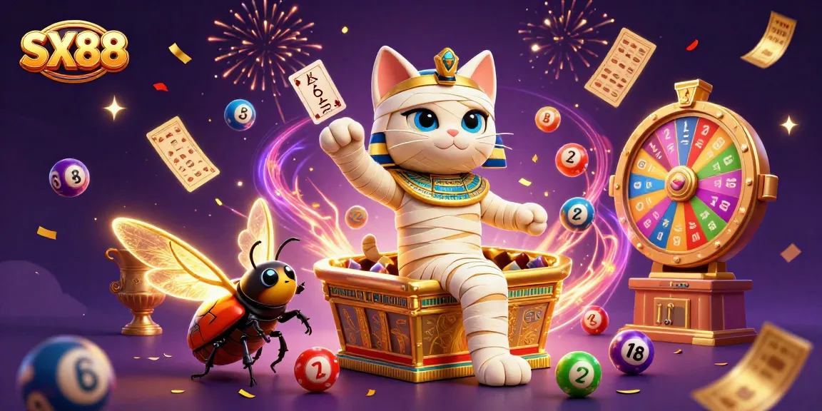 SX88 reveals a thrilling casino scene with a cartoon Egyptian mummy cat and vibrant gambling elements.