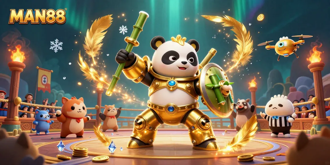 Betting on MAN88: Experience the thrill of 3D panda mech-suit battles in an animated casino.
