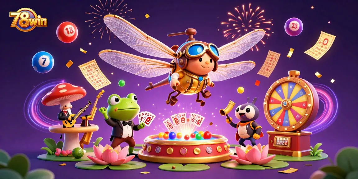 Engage with 78win's vibrant casino atmosphere featuring a dragonfly pilot and frog dealer amidst dynamic gaming elements.