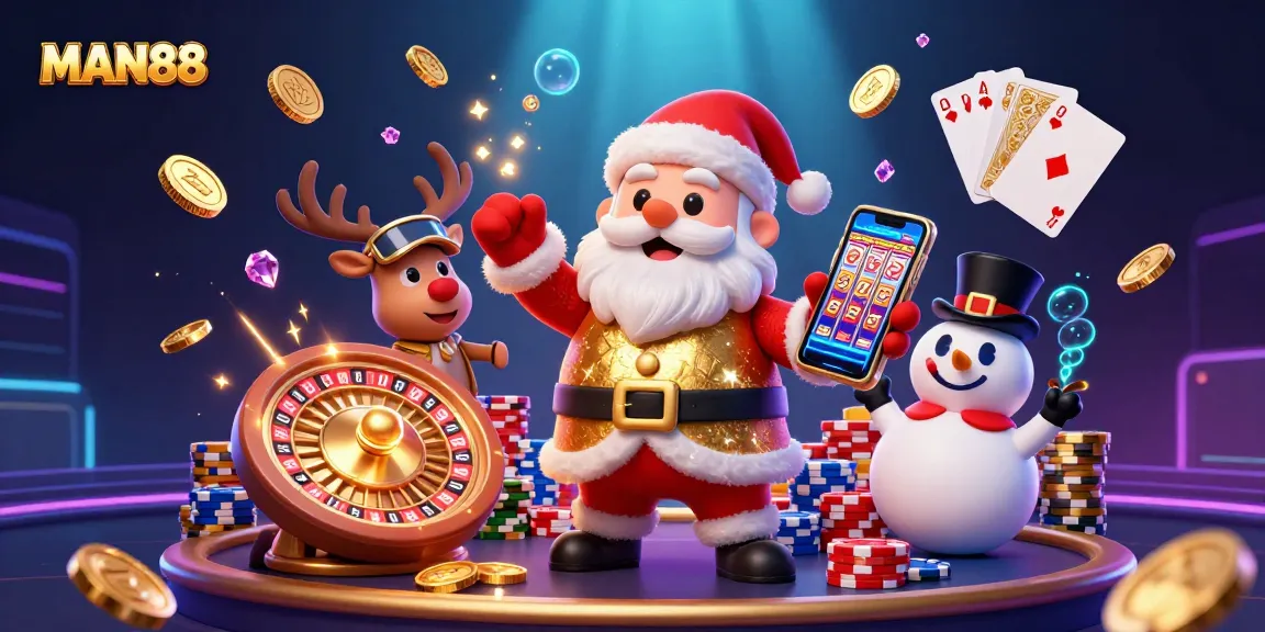 Experience thrilling gaming at MAN88 with Santa, his reindeer, and a poker chip snowman!