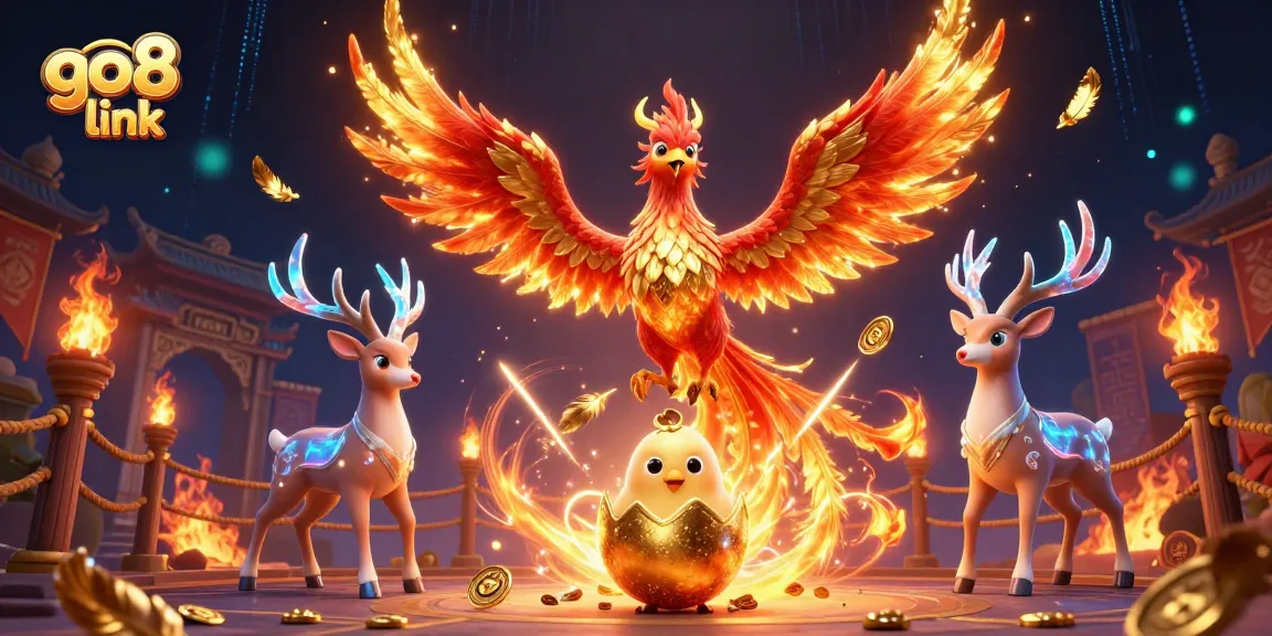 Experience the thrilling gameplay at go8 link, showcasing a phoenix and mystical stag in a vibrant casino setting.