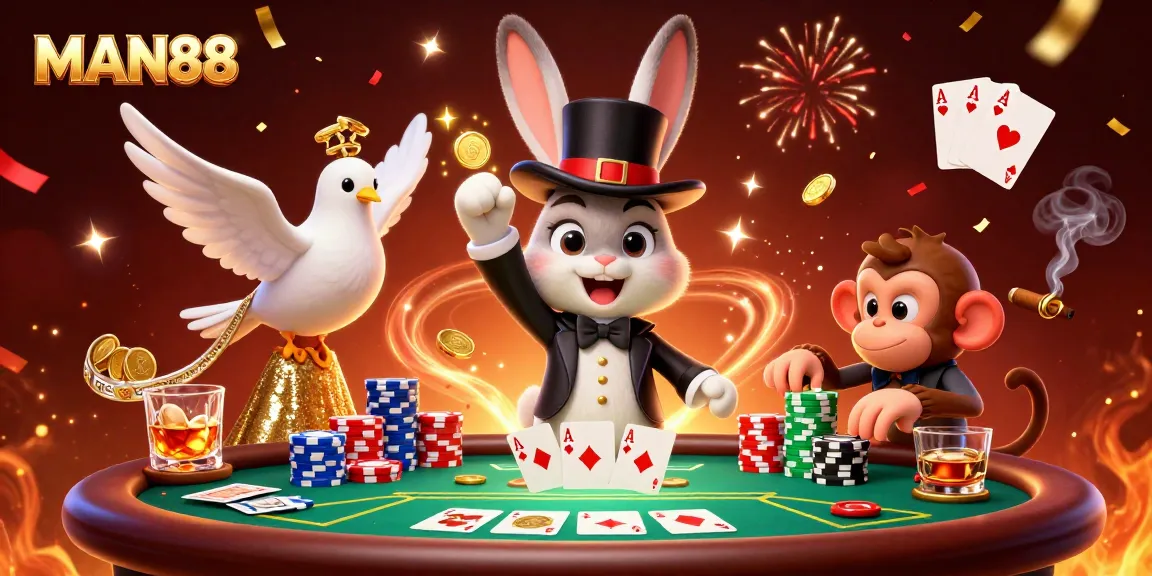 Engage with MAN88's thrilling poker experience, featuring playful characters and vibrant gambling elements.