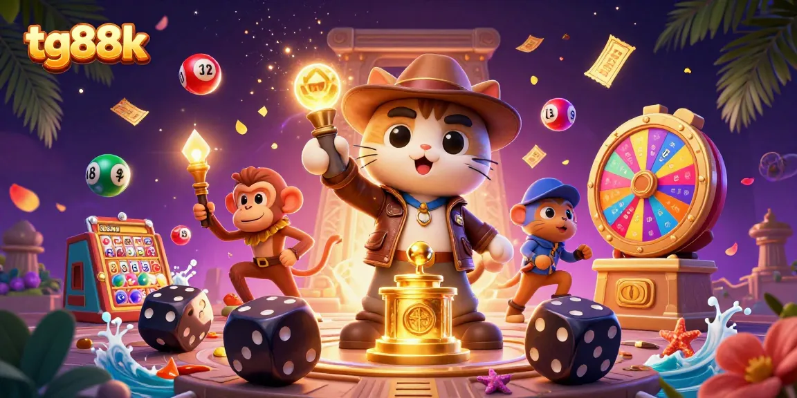 Join tg88k's exciting gaming adventure with vibrant lottery elements and a treasure-seeking cat!