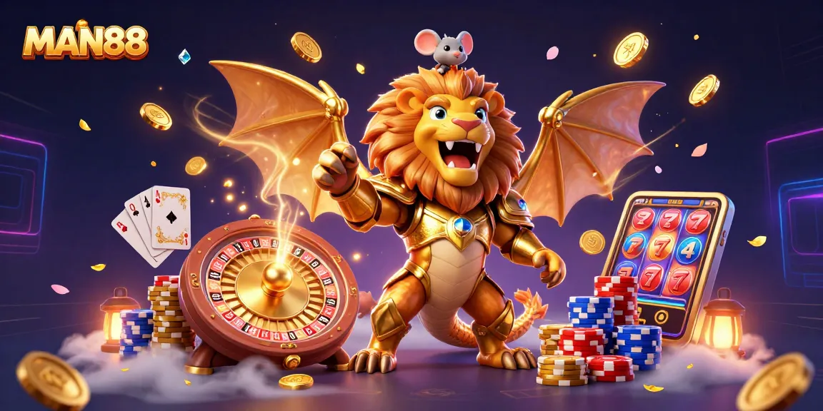MAN88 unleashes excitement with a golden chimera, treasures and vibrant casino elements soaring