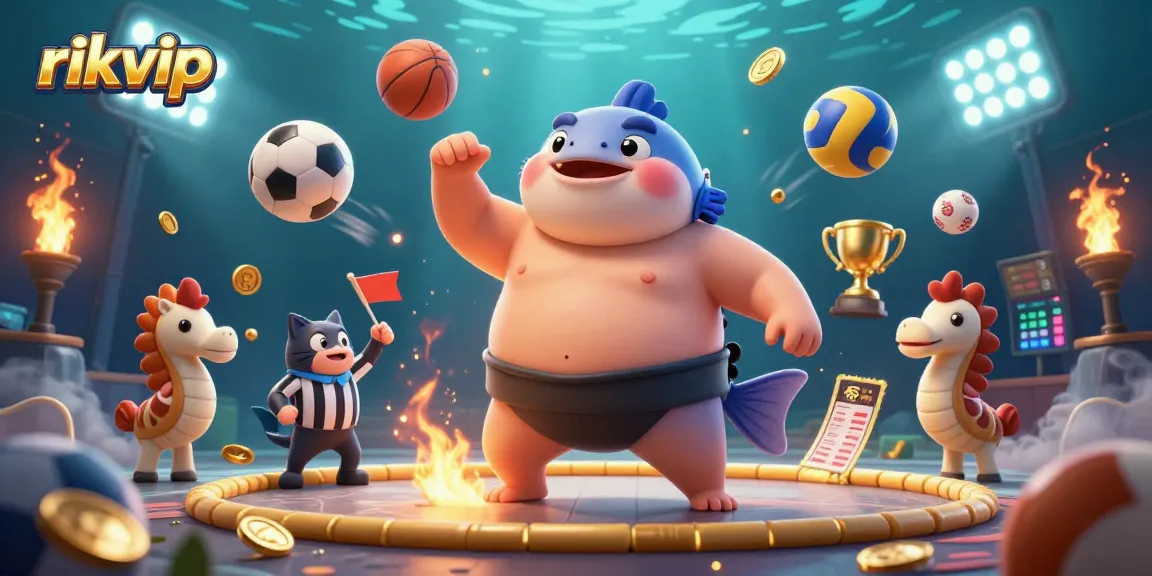 Join the fun at rikvip with an exciting underwater casino scene featuring a giant fugu and sports elements.
