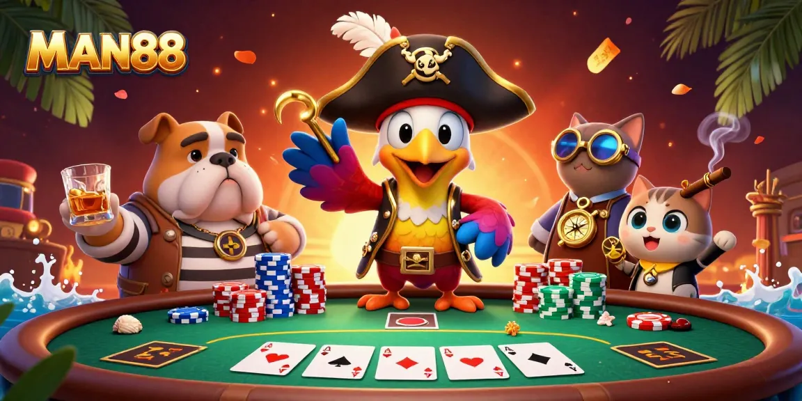 Engage with the thrilling world of MAN88 poker under the watchful eye of a pirate captain and crew.