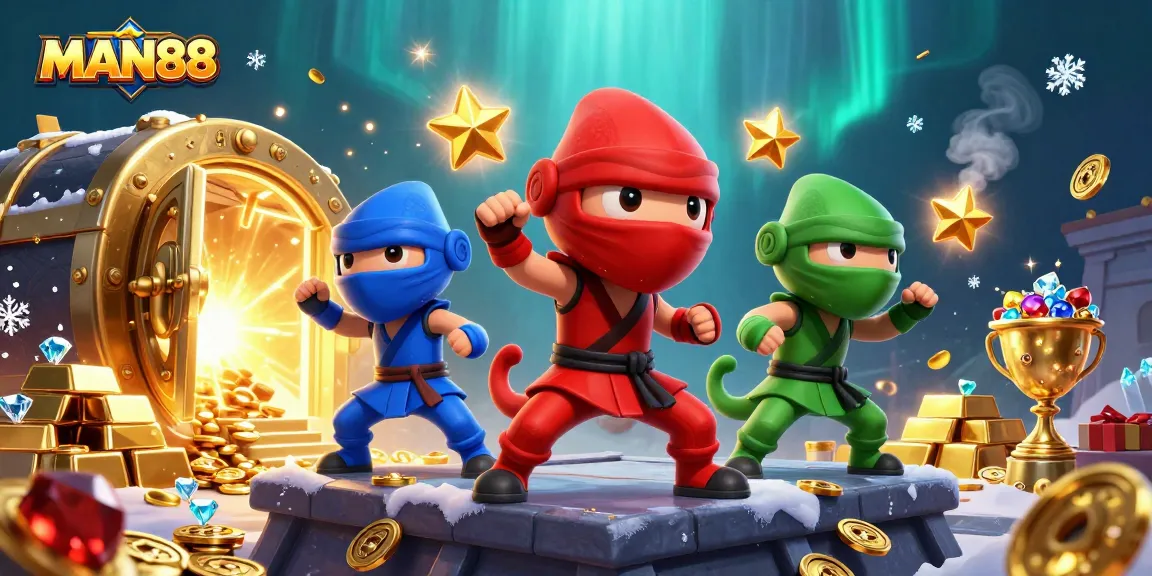 MAN88 showcases vibrant 3D chameleon ninjas amidst dazzling casino treasures and high-stakes action.